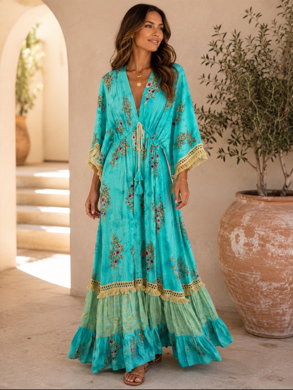 Boho Floral Embroidered Maxi Dress - MULTI LISTING
